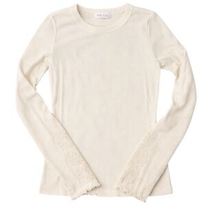 Pink Rose Cream Ribbed Long Sleeve Tee Lace Cuff Lettuce Hem NWT L